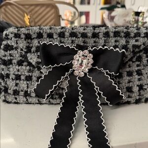 Anthropologie Black Ribbon Bow Pin with Crystal Cluster